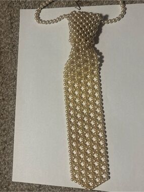 Pearl Net Tie Necklace - Cream Faux Pearl Statement Accessory